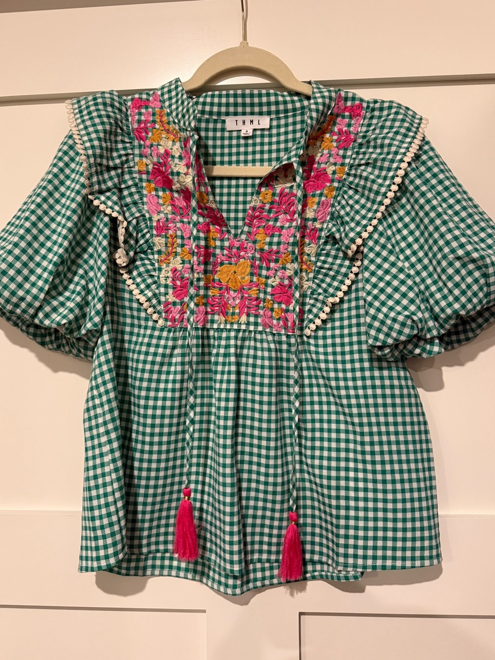 THML Green Gingham Embroidered Tassel Top NWOT